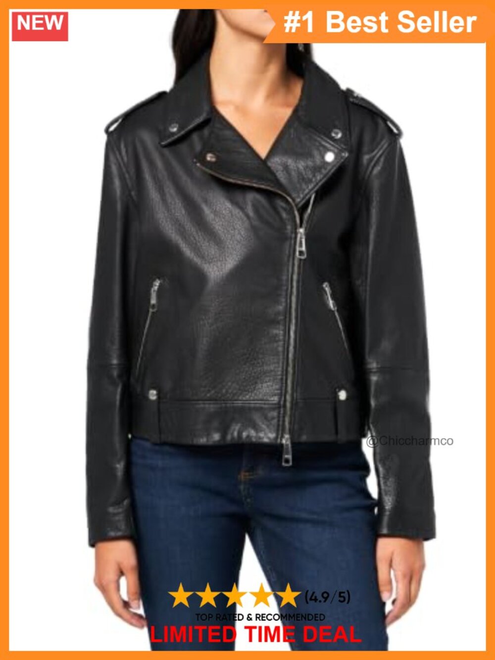 100% Buffalo Leather Moto Jacket Notch Collar Zip Long Sleeve